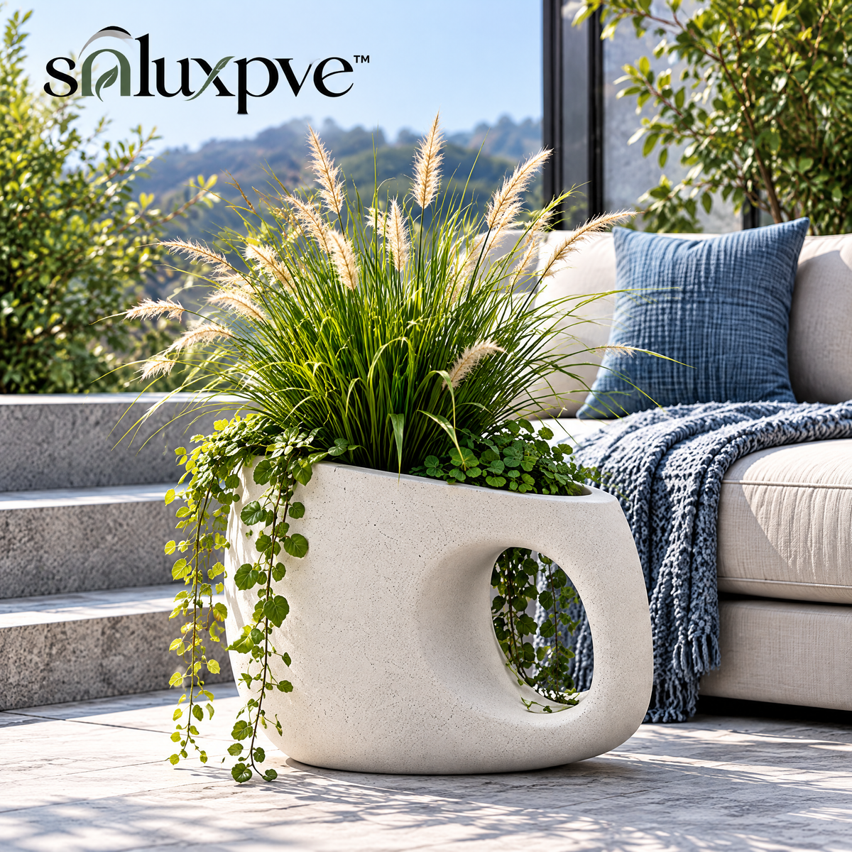 soluxpve™ Hollow Arc Sculptural Outdoor Planter, Modern Resin Patio Flower Pot with Drainage Plug