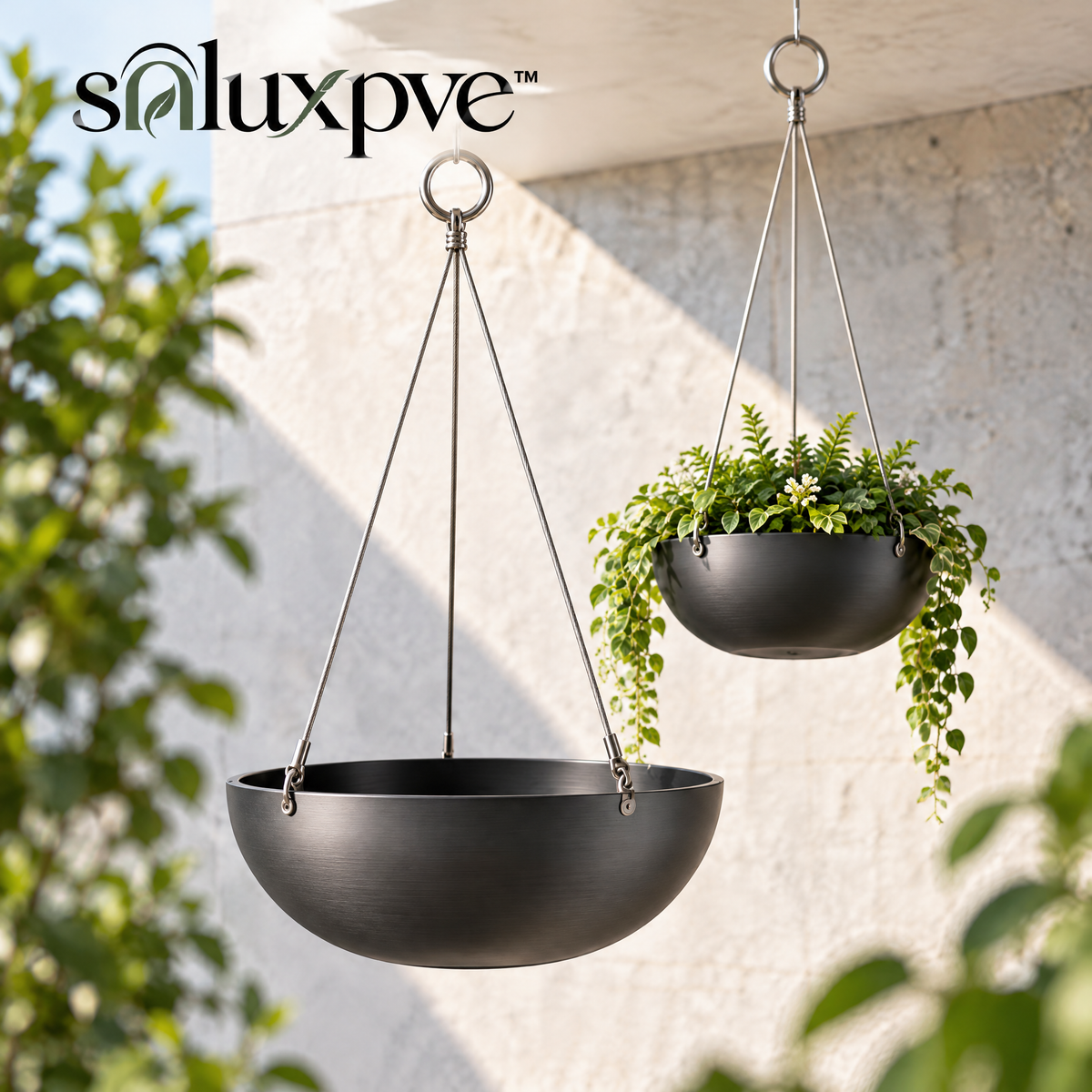 soluxpve™ Orbit Bowl Hanging Planters, Set of 2 Modern Aluminum Patio Pots with Steel Cables