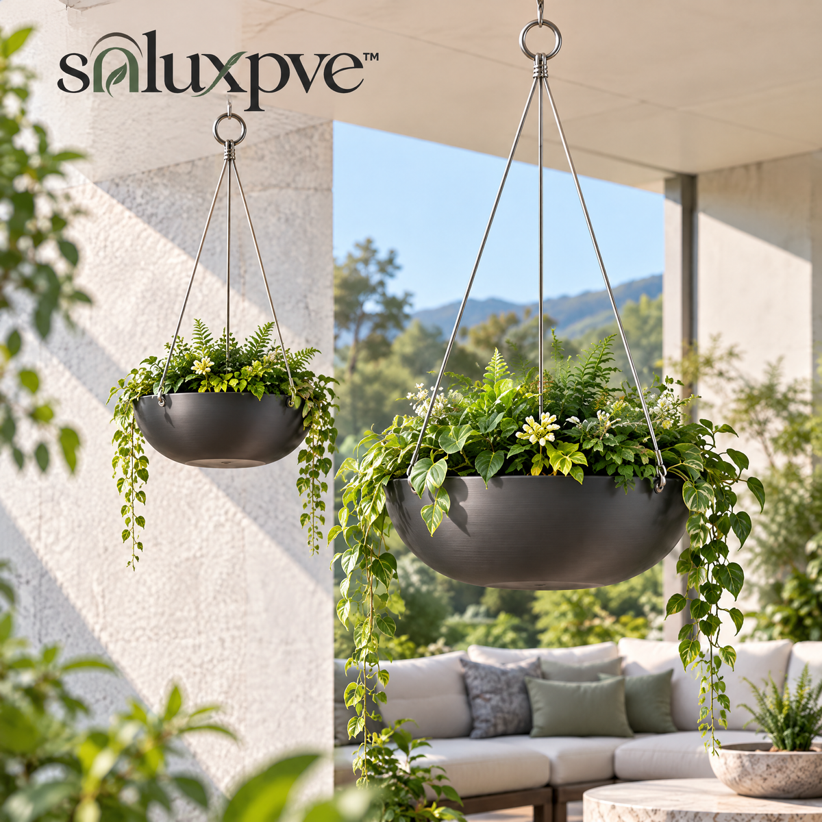 soluxpve™ Orbit Bowl Hanging Planters, Set of 2 Modern Aluminum Patio Pots with Steel Cables