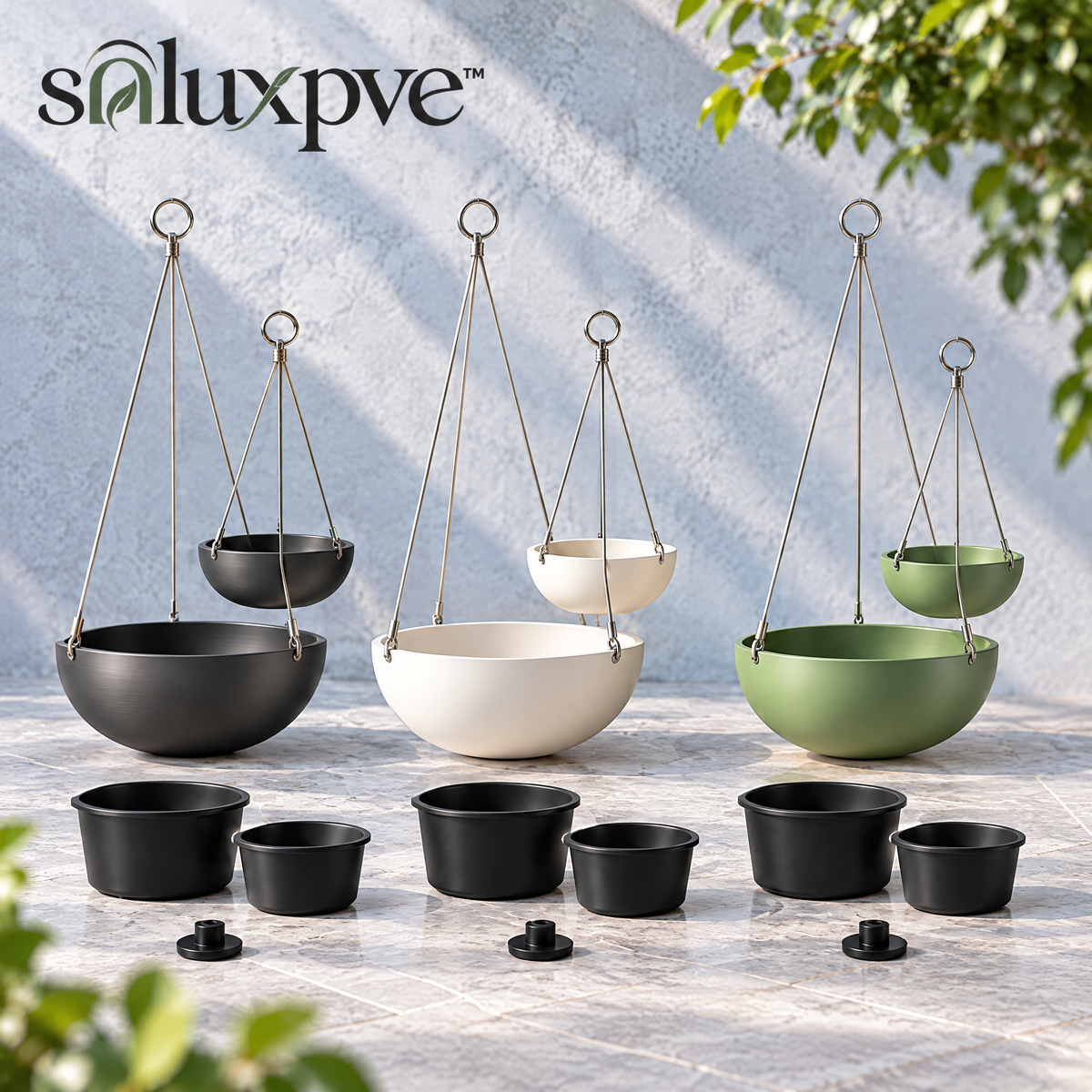soluxpve™ Orbit Bowl Hanging Planters, Set of 2 Modern Aluminum Patio Pots with Steel Cables