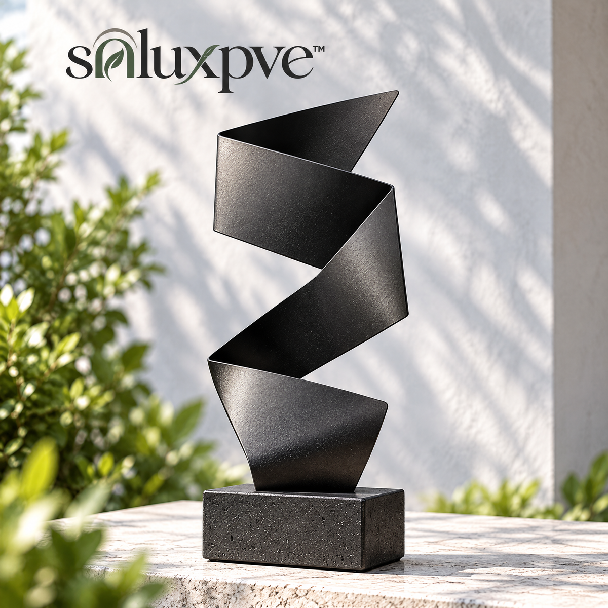 soluxpve™ Quiet Fold Aluminum Garden Sculpture, Modern Ribbon Patio Accent on Stone Base
