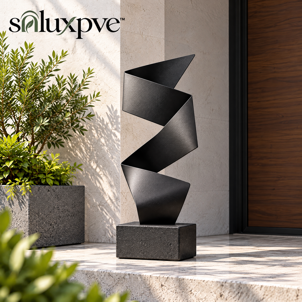 soluxpve™ Quiet Fold Aluminum Garden Sculpture, Modern Ribbon Patio Accent on Stone Base