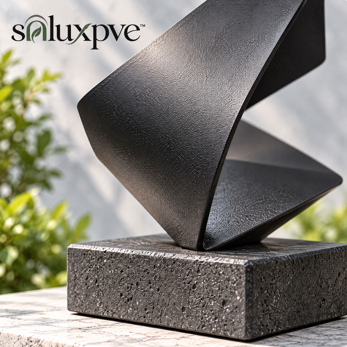 soluxpve™ Quiet Fold Aluminum Garden Sculpture, Modern Ribbon Patio Accent on Stone Base