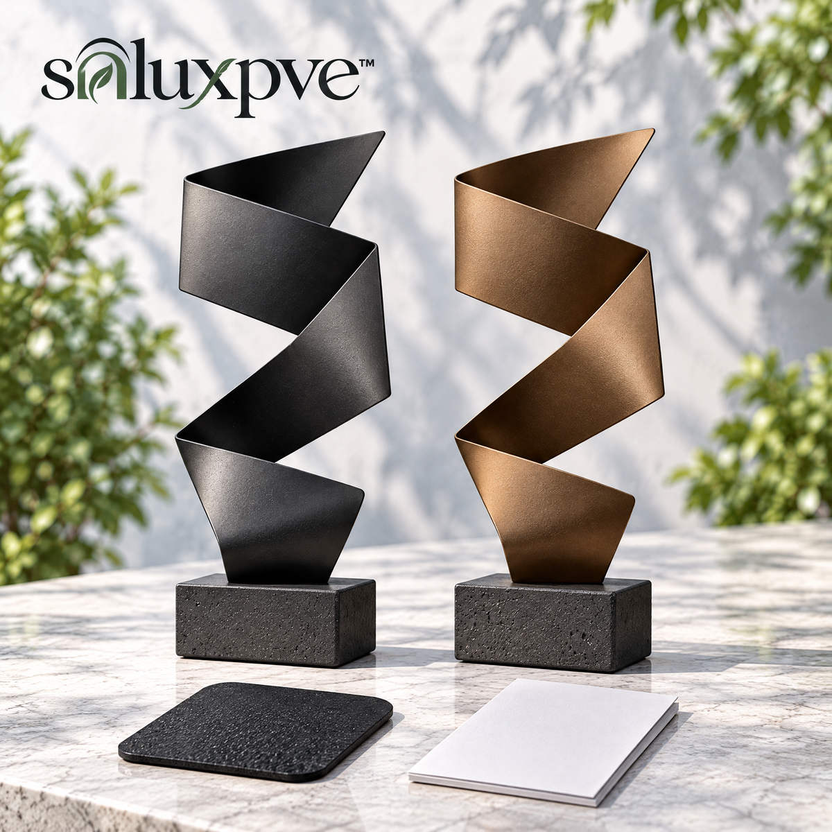 soluxpve™ Quiet Fold Aluminum Garden Sculpture, Modern Ribbon Patio Accent on Stone Base