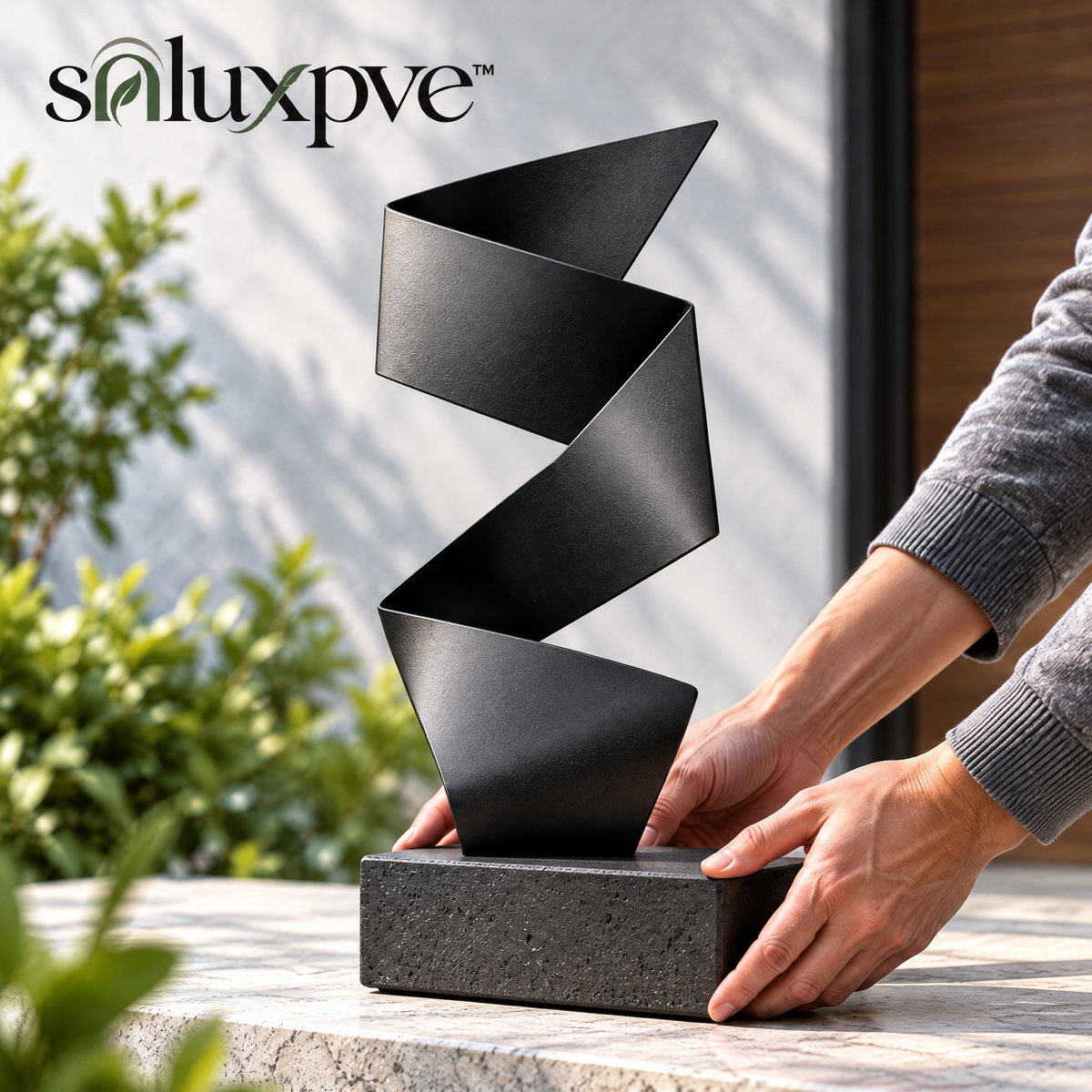 soluxpve™ Quiet Fold Aluminum Garden Sculpture, Modern Ribbon Patio Accent on Stone Base