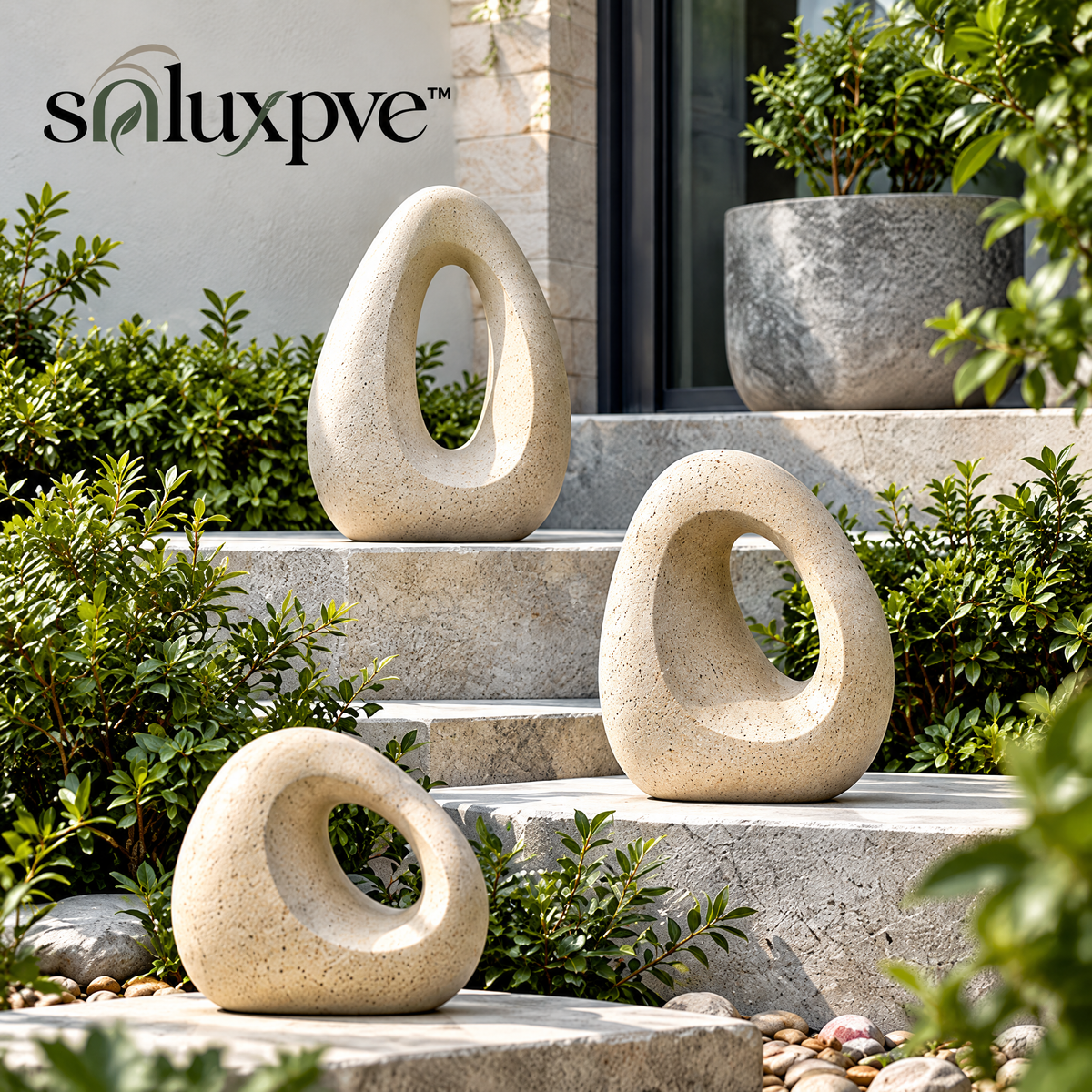 soluxpve™ Pebble Portal Garden Sculpture Set, Three Abstract Outdoor Stone-Look Forms