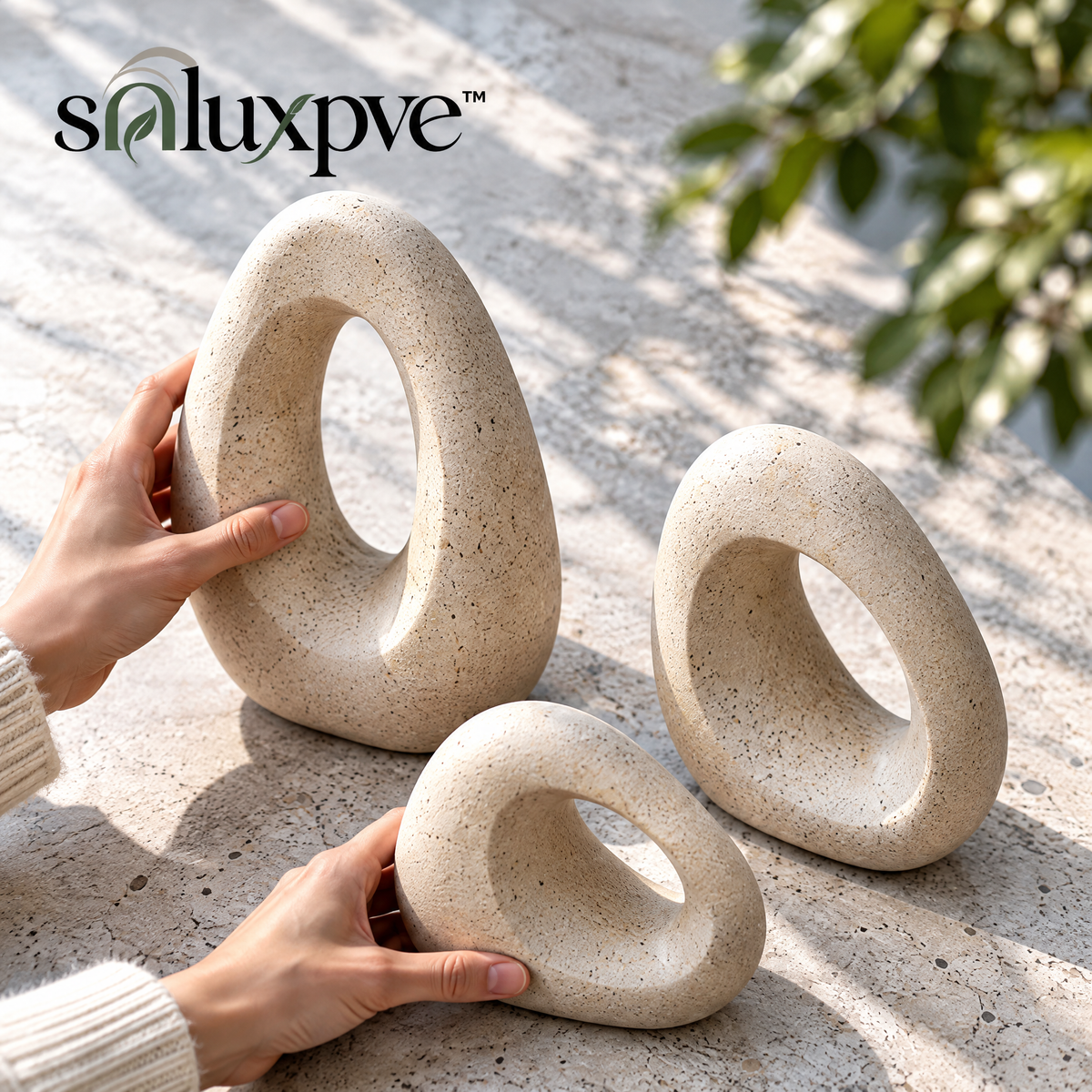 soluxpve™ Pebble Portal Garden Sculpture Set, Three Abstract Outdoor Stone-Look Forms