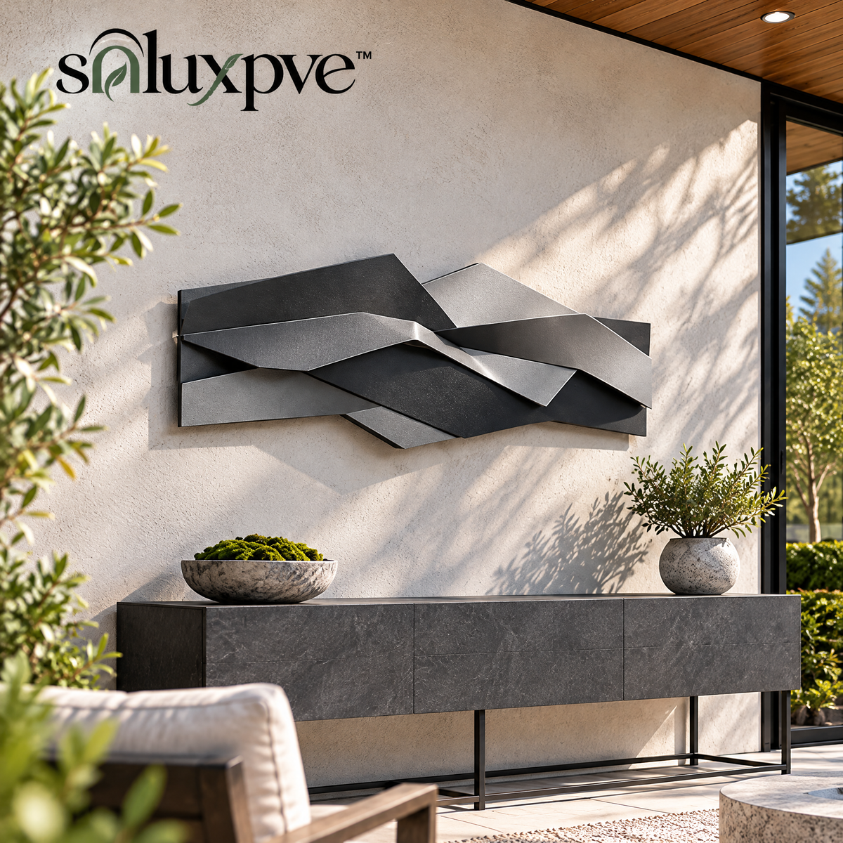 soluxpve™ Folded Horizon Aluminum Wall Sculpture, Large Modern Patio Wall Art