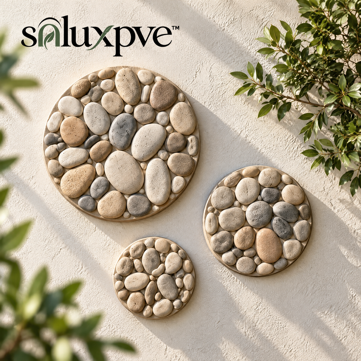 soluxpve™ Pebble Mosaic Outdoor Wall Medallions, Set of 3 Stone-Look Round Patio Accents