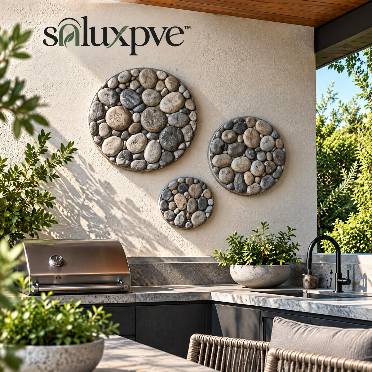 soluxpve™ Pebble Mosaic Outdoor Wall Medallions, Set of 3 Stone-Look Round Patio Accents
