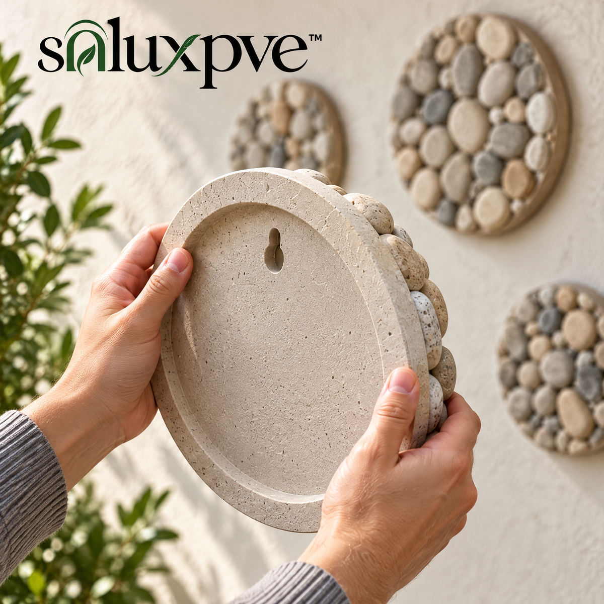 soluxpve™ Pebble Mosaic Outdoor Wall Medallions, Set of 3 Stone-Look Round Patio Accents