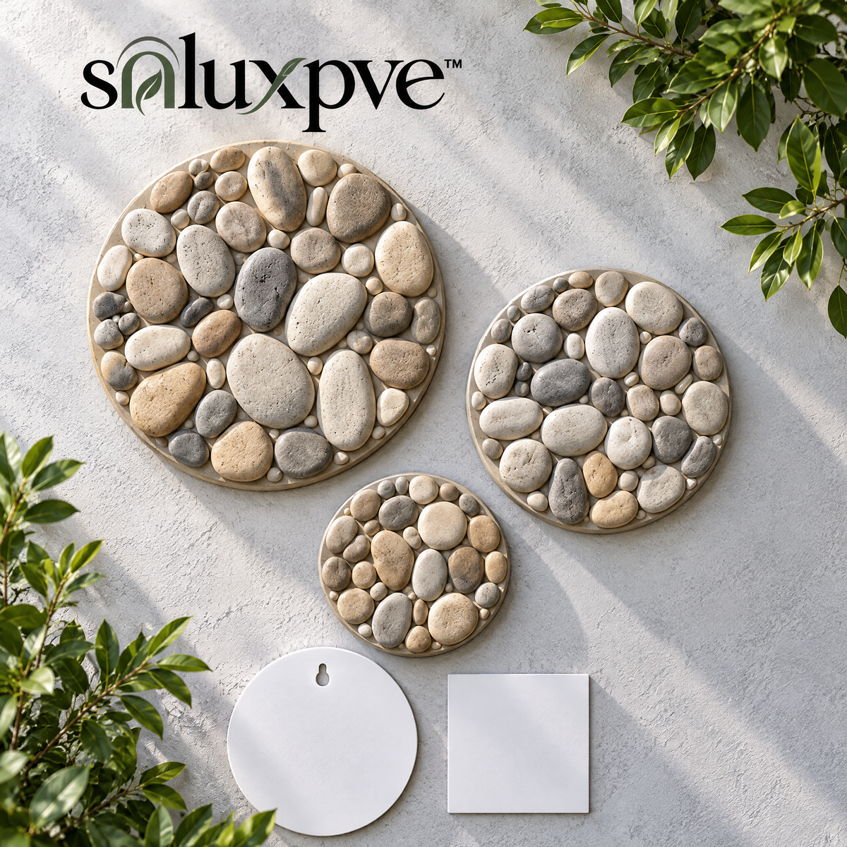 soluxpve™ Pebble Mosaic Outdoor Wall Medallions, Set of 3 Stone-Look Round Patio Accents