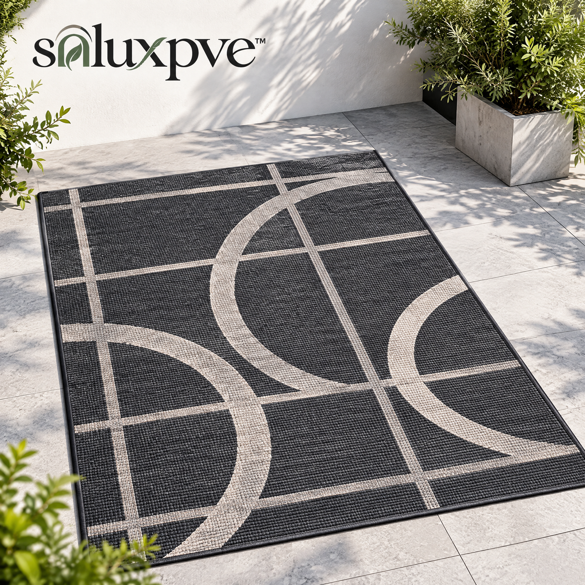 soluxpve™ Arc Grid 5' × 7' Outdoor Patio Rug, Modern Flatweave Indoor-Outdoor Area Rug