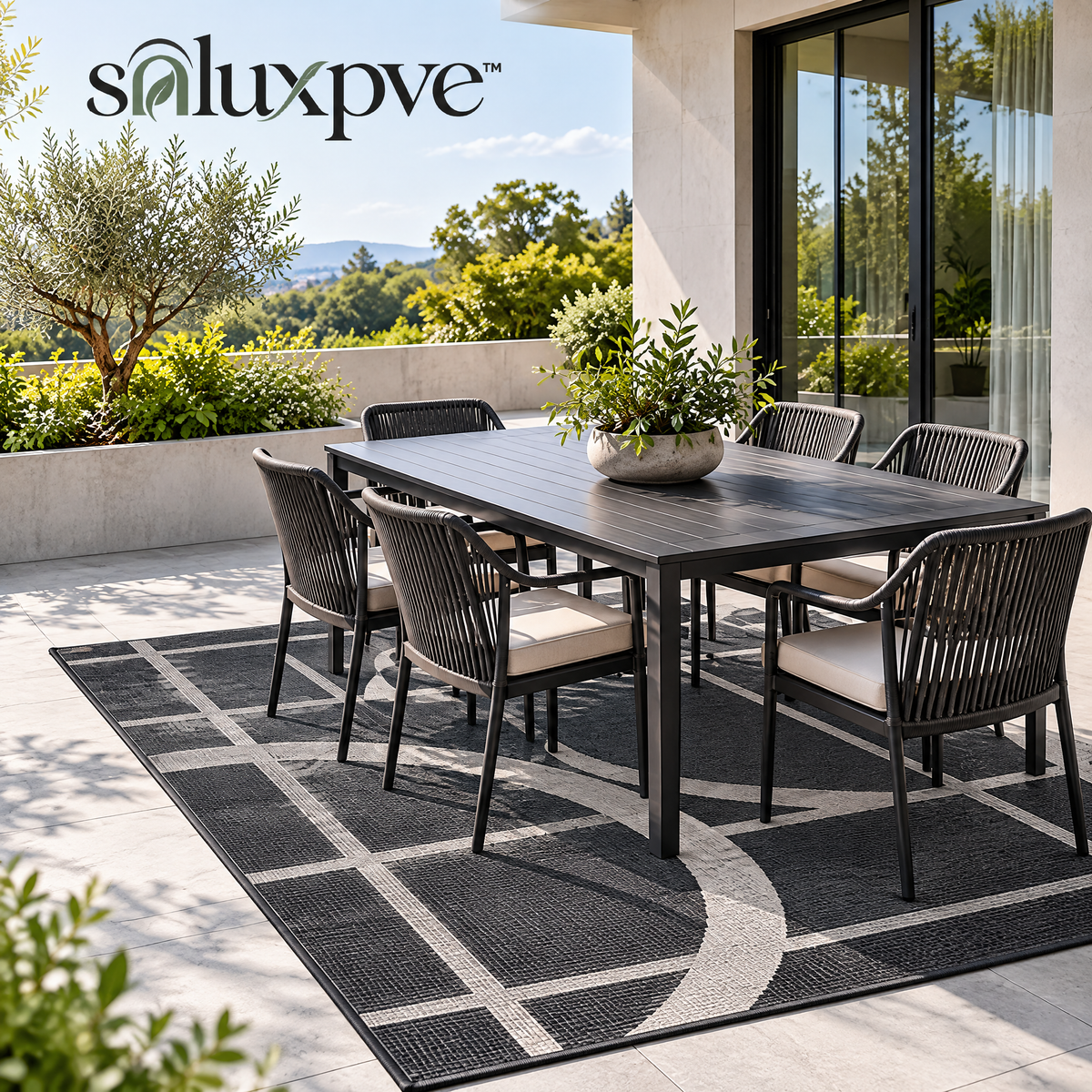soluxpve™ Arc Grid 5' × 7' Outdoor Patio Rug, Modern Flatweave Indoor-Outdoor Area Rug