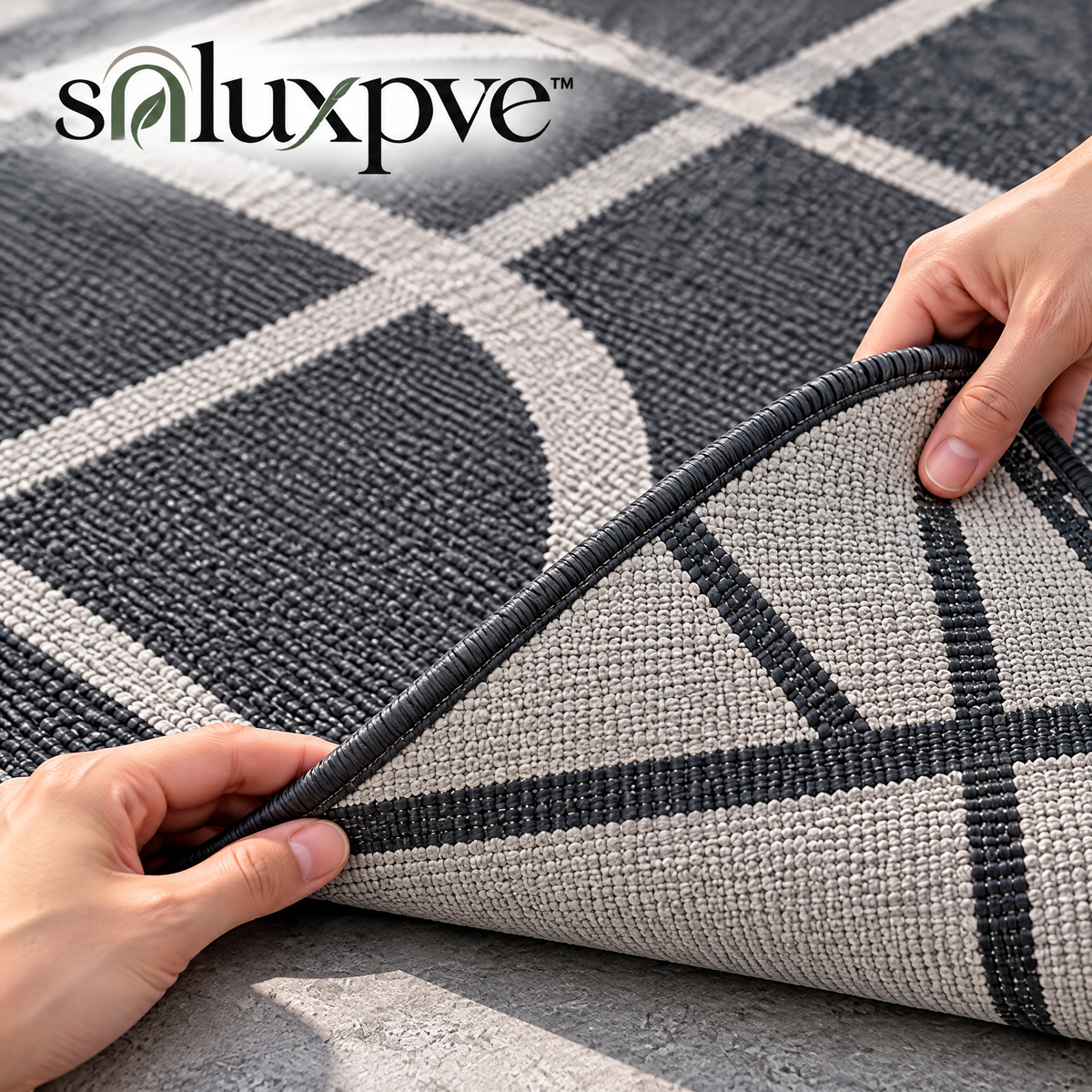 soluxpve™ Arc Grid 5' × 7' Outdoor Patio Rug, Modern Flatweave Indoor-Outdoor Area Rug