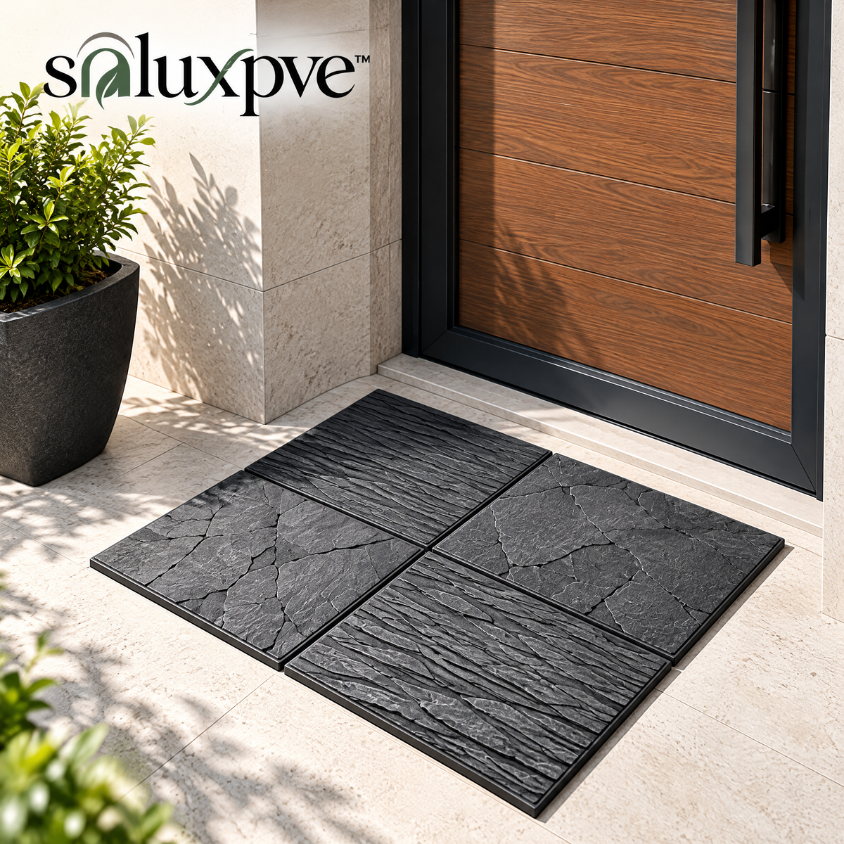 soluxpve™ Slate Path Modular Outdoor Entry Mat, Four-Piece Textured Rubber Tile Set